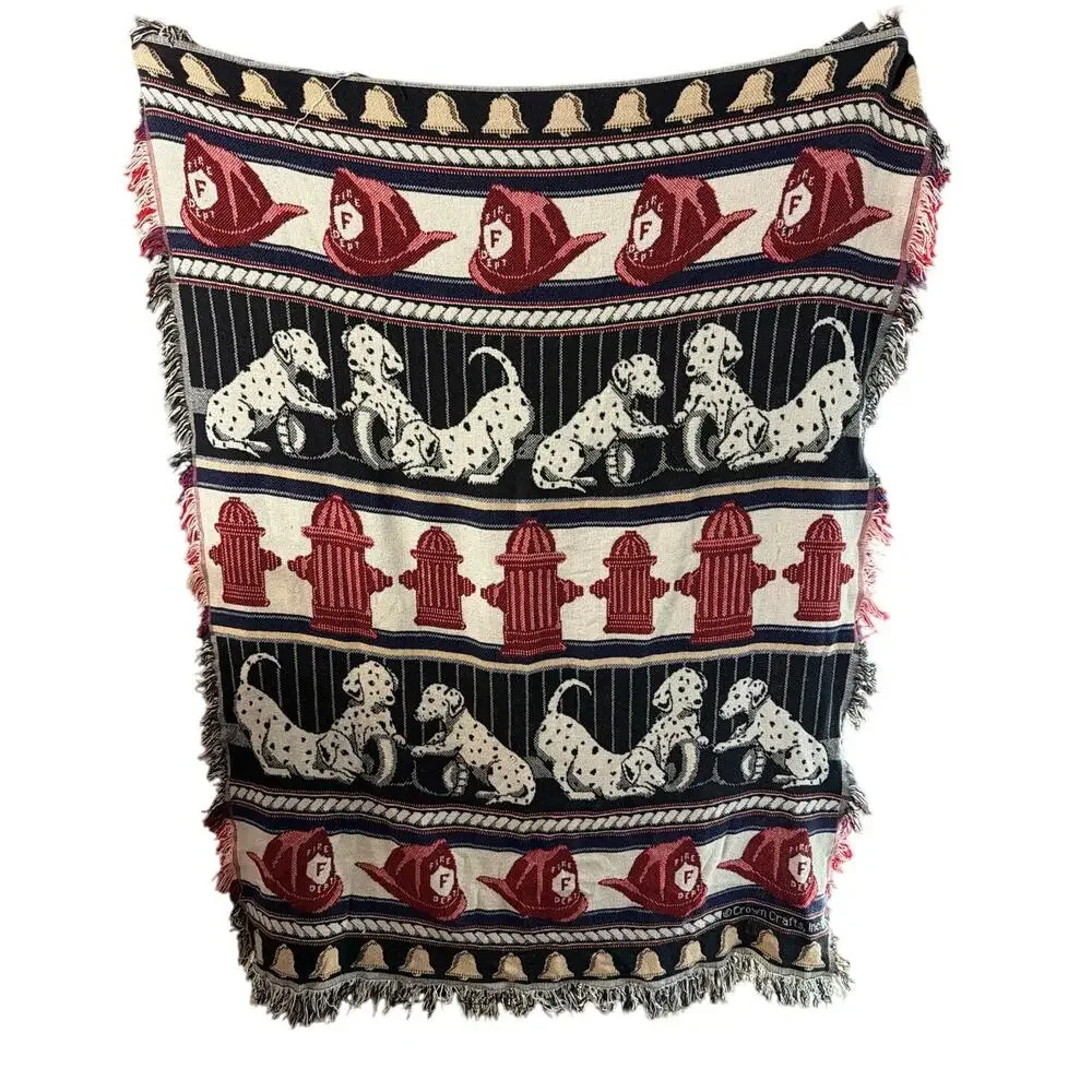 Vintage Crown Crafts Dalmatian Dog Fireman Hydrant Bell Tapestry Blanket Throw